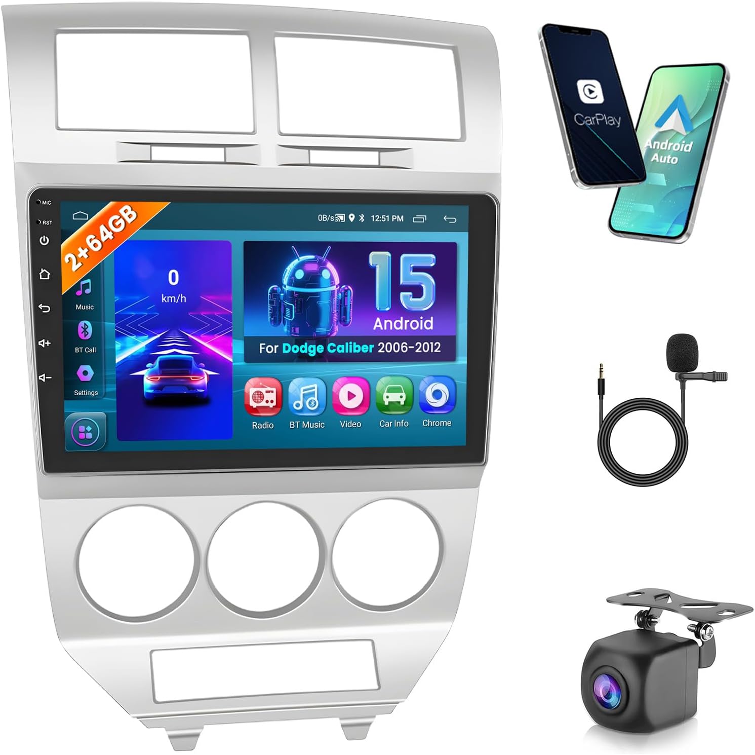 4Core 2+64GB Hikity Android Car Stereo for Dodge Caliber 2006-2012, 10.1 Inch Touchscreen Car Radio Wireless Carplay Android Auto Support GPS Navigation WiFi Bluetooth FM EQ Backup Camera