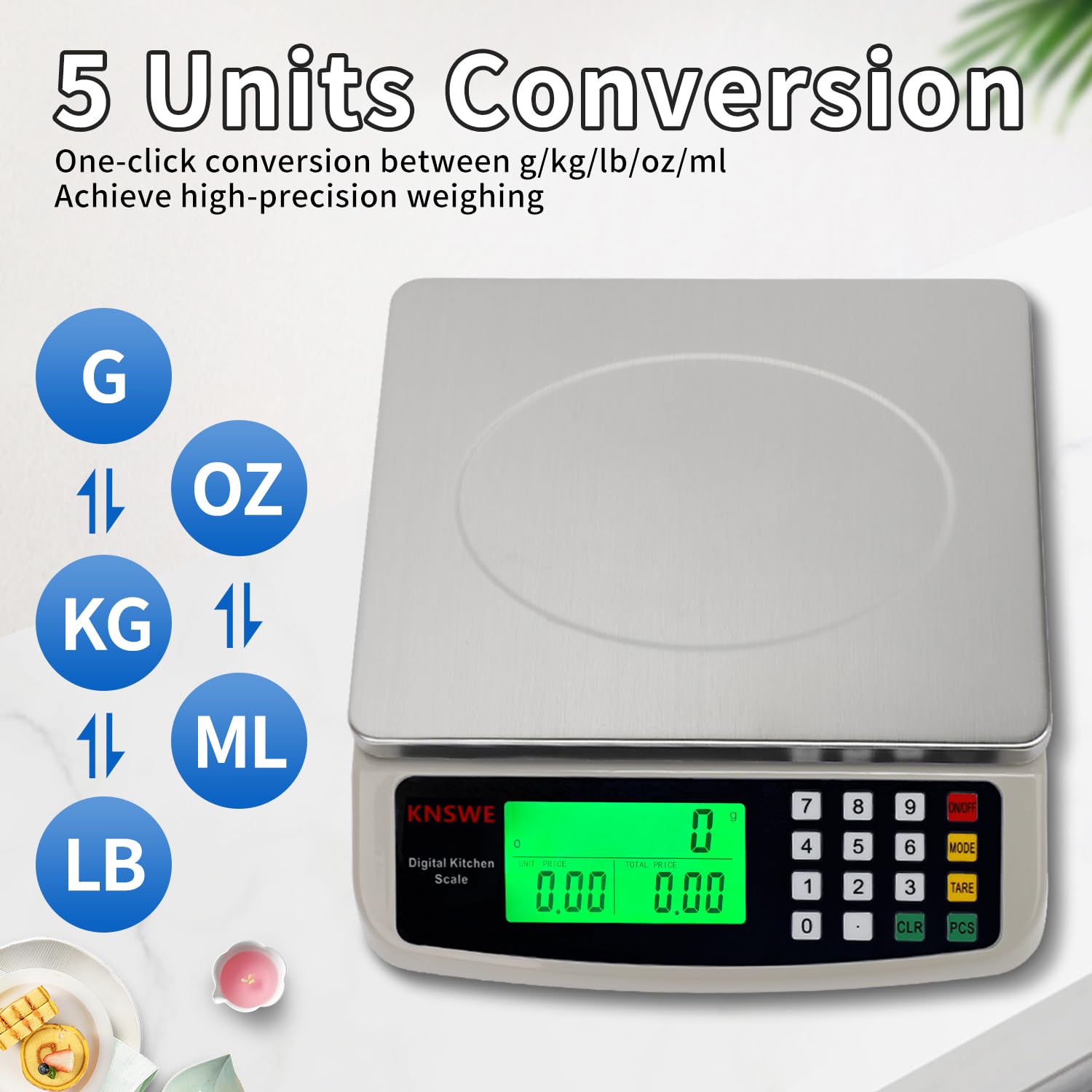 KNSWE Digitale keukenweegschaal van roestvrij staal, 40 kg, grote professionele weegschaal voor levensmiddelen voor pizza's, bakkerijen en kantines, voedselmeter met lcd-display