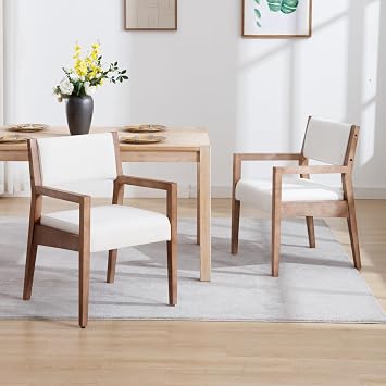 CIMOTA Upholstered Dining Chairs with Arms Set of 2, Modern Farmhouse Accent Kitchen Chairs with Natural Solid Wood Frame, Comfortable & Durable Seating, Beige Linen