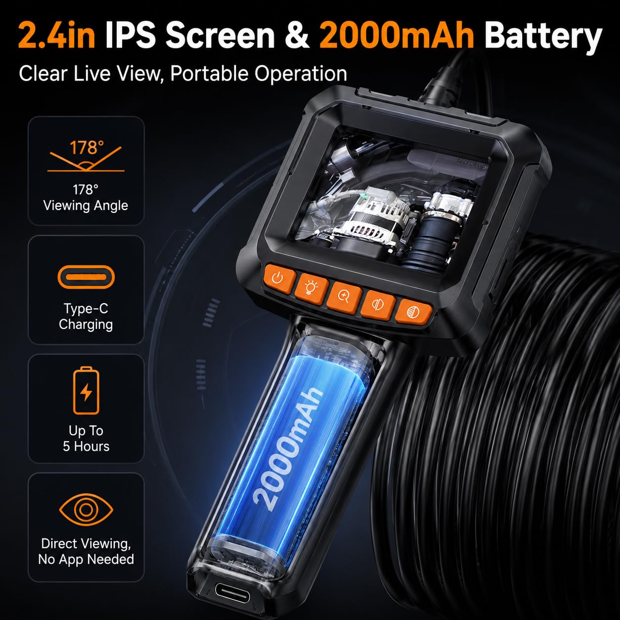 Industrielle Endoskopkamera, 2,4 Zoll, 2 MP, 360 Grad drehbare Sonde, 10 m Einzelobjektiv