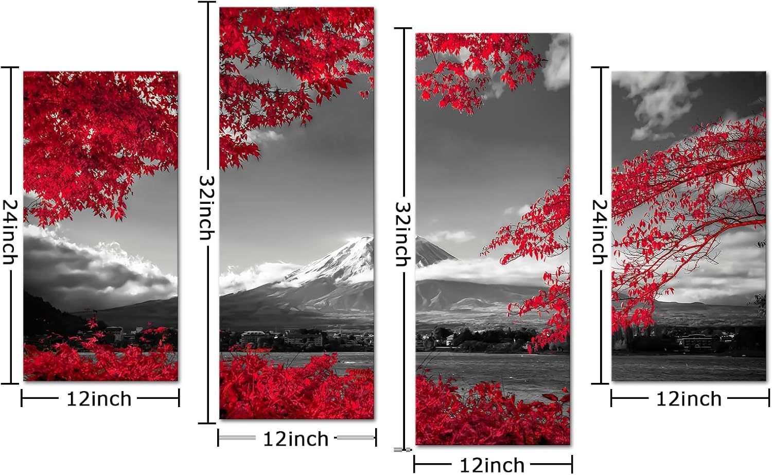 Fochorlo Large 4 Pieces Japan Fuji Mountain Canvas Wall Art Maple Leaves Picture Prints Black and White Red Painting Modern Decor for Bedroom Living Room Office (Red)