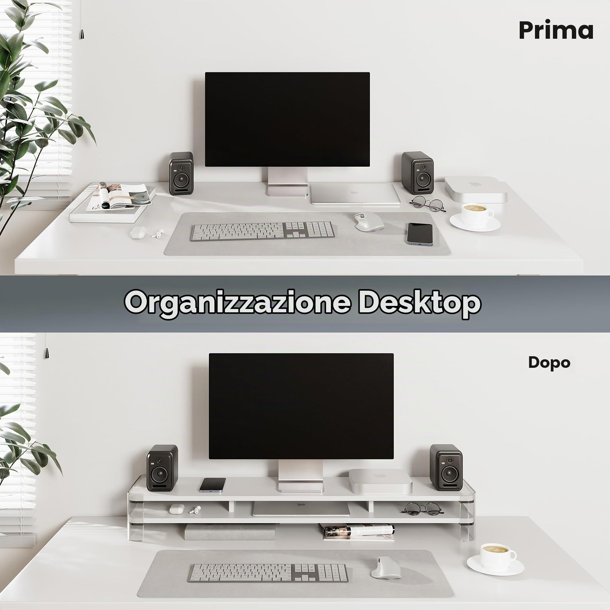Fenge Supporto per Monitor Grandi in Acrilico, Supporto per Doppio Monitor con Ampio Spazio di Archiviazione, Supporto per Doppio Monitor per PC/Laptop/TV 109,4x23,5x15cm Bianco