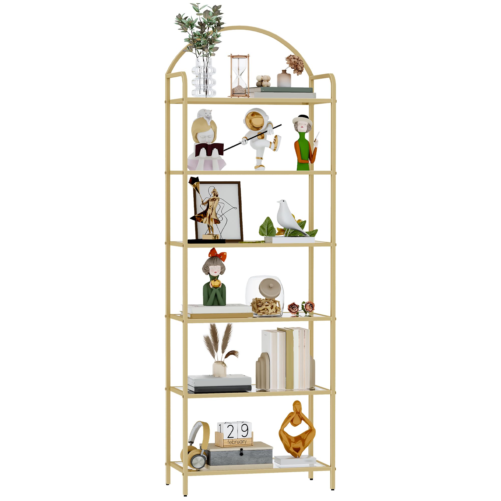 Hzuaneri Regal, Bücherregal aus gehärtetem Glas, schlankes Regal für Schlafzimmer, Badezimmer, Heimbüro, Stahlrahmen, 6 Ablagen Gold BC21699G