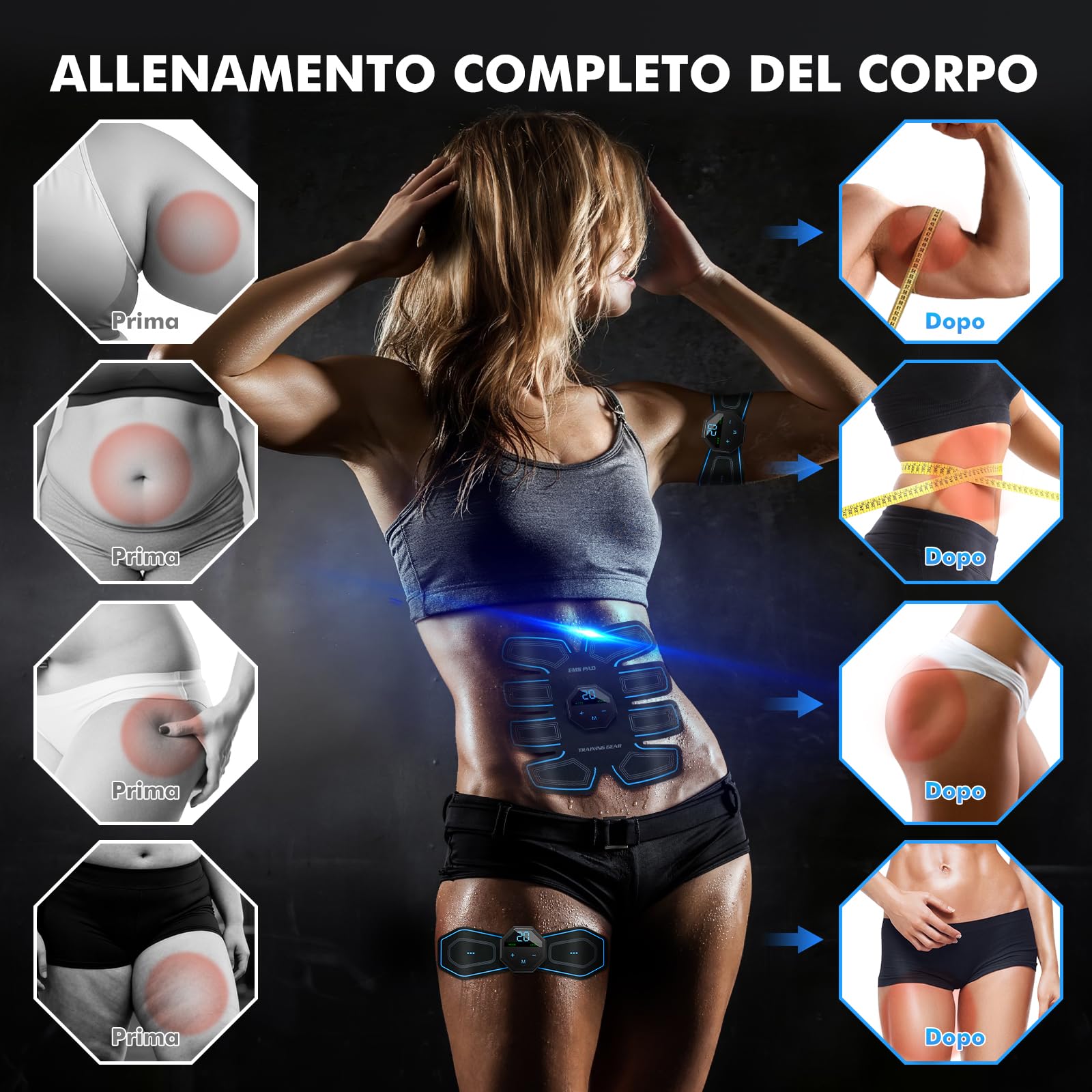 Elettrostimolatore Muscolare, Cintura Addominali Stimolatore, 10 modalità e 20 intensità, Elettrostimolatore Glutei/Addome/Braccia/Gambe per Donne Uomini