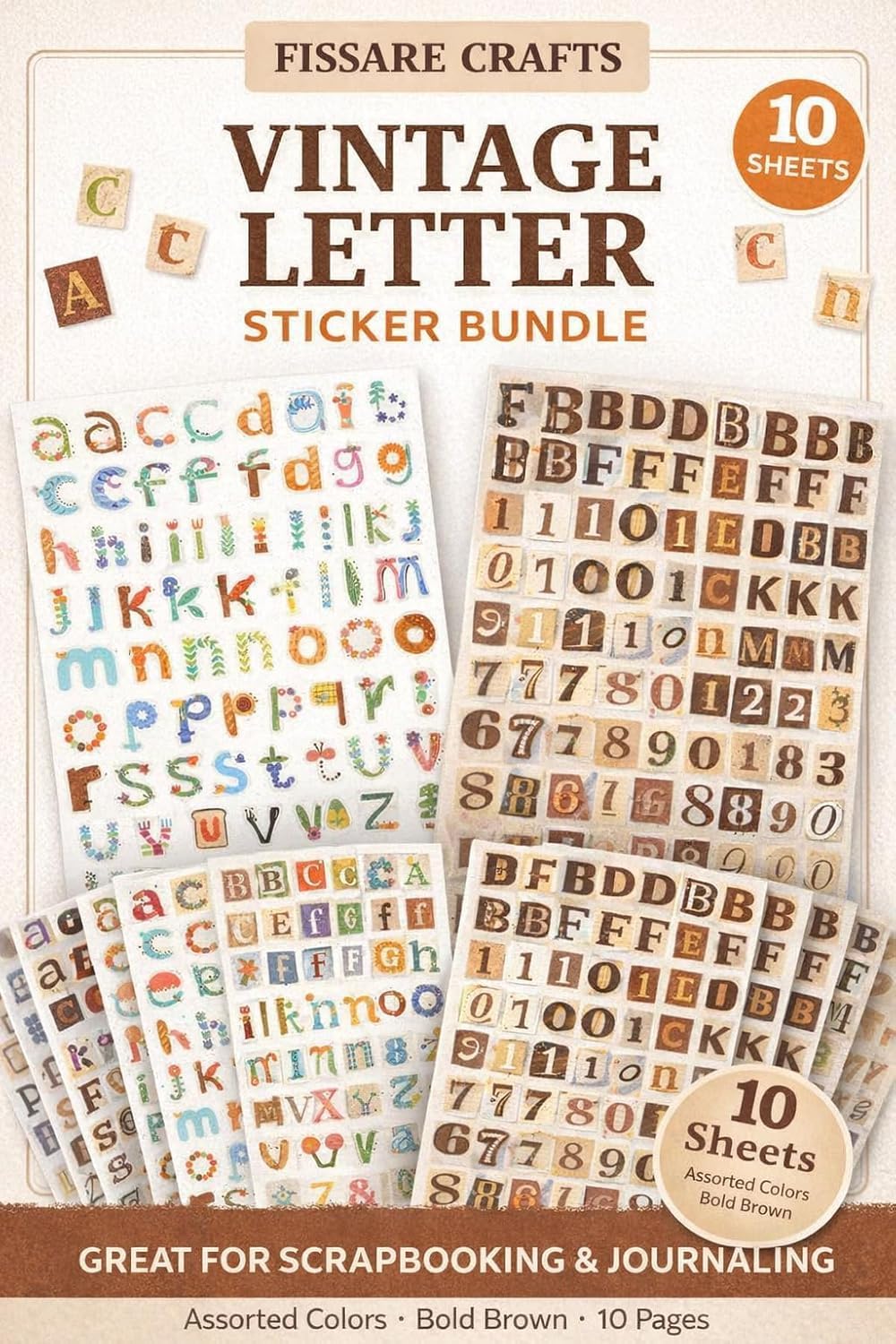 Vintage Alphabet Stickers for Scrapbooking & Journaling, 10‑Sheet Retro Letter & Number Set, Matte PET Waterproof Stickers for Junk Journals, Collage & Paper Crafts