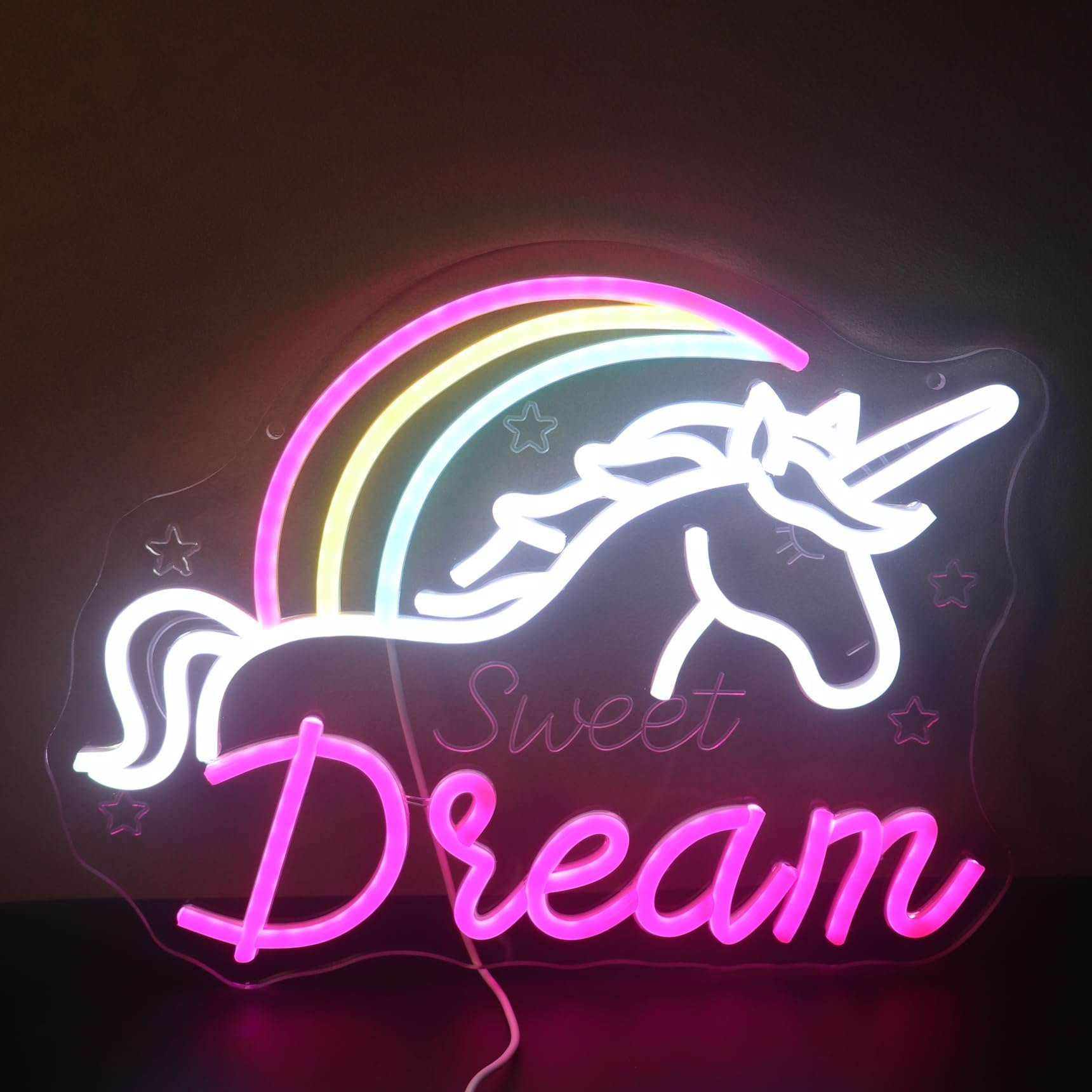 Unicorn & Rainbow "Sweet Dream" Neon Light - Magical Night Sky LED Wall Sign for Girls Room Decor, Dimmable USB Night Light with Hanging Kit, Inspiring Bedroom Wall Art Gift for Teens Kids