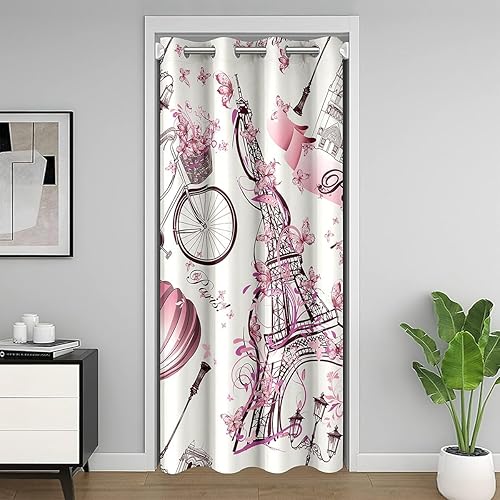 Cortina de puerta de pareja de Torre Eiffel, cortina de armario floral rosa para puerta de dormitorio, decoración temática romántica, cortina opaca