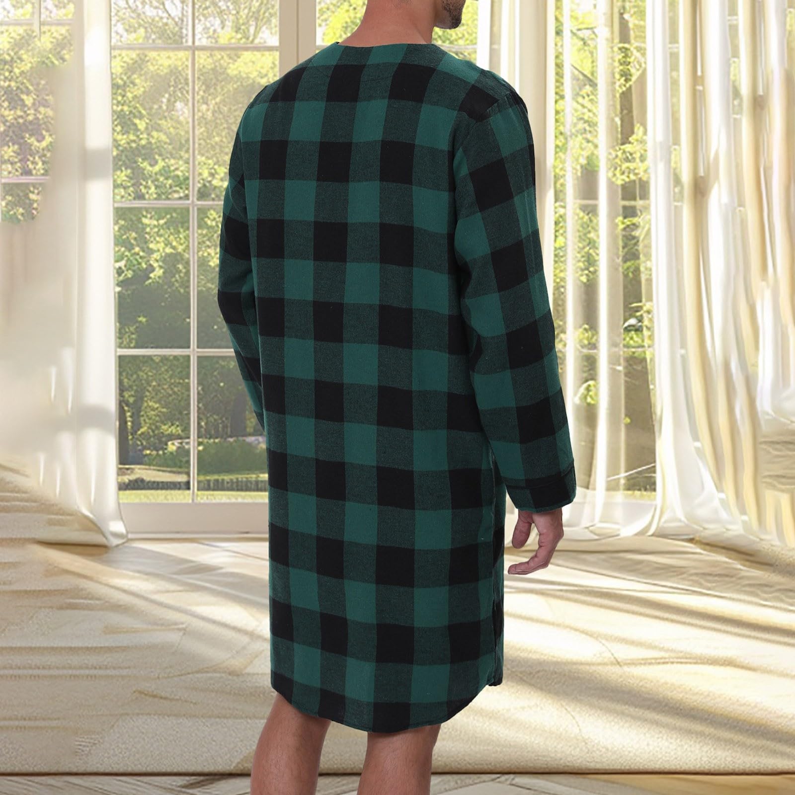 Flanell Nachthemd Herren Casual Langarm Knopf Shirt Unregelmäßiger Saum Kariertes Weiche Loungewear Baumwolle Lange Robe Saunamantel Atmungsaktiv Leichte Nachthemd