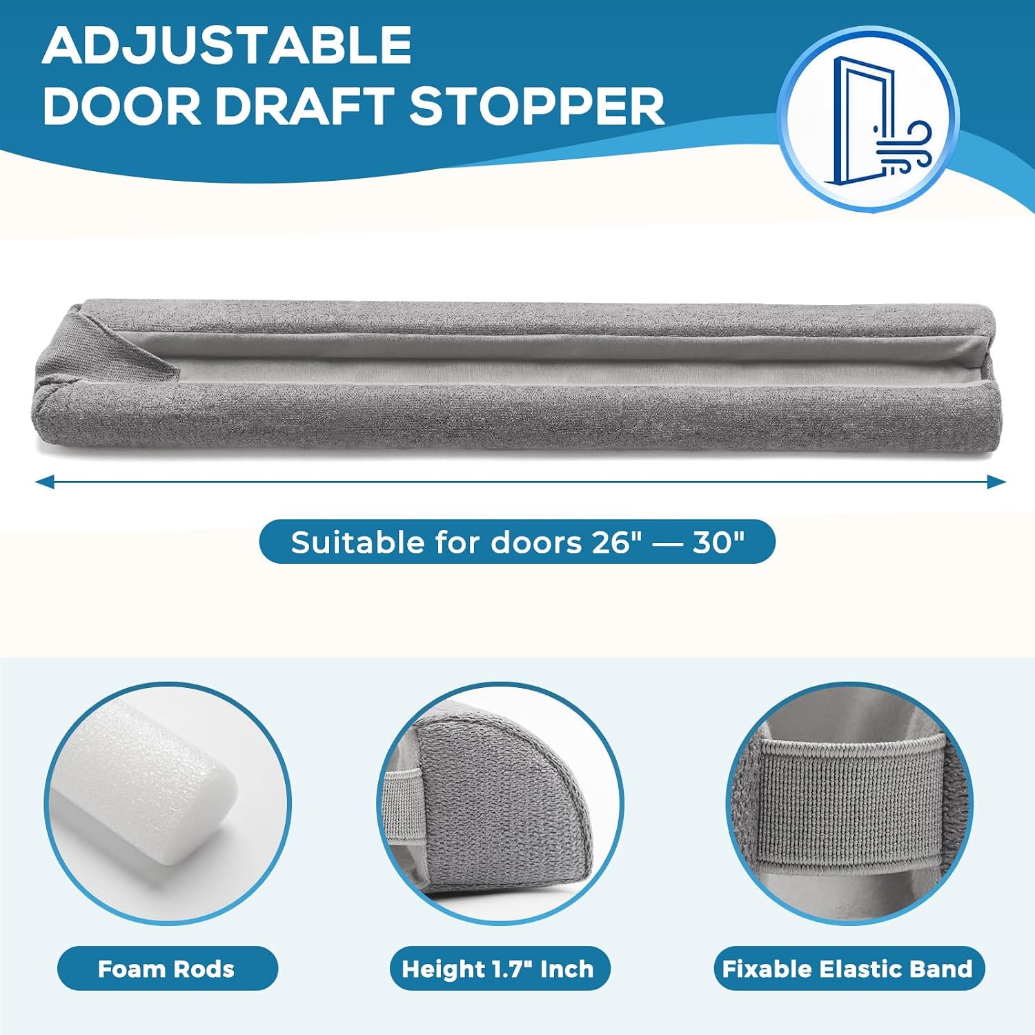 HooTown Door Draft Stopper, 26” to 30” Adjustable Under Door Gap Fille Grey