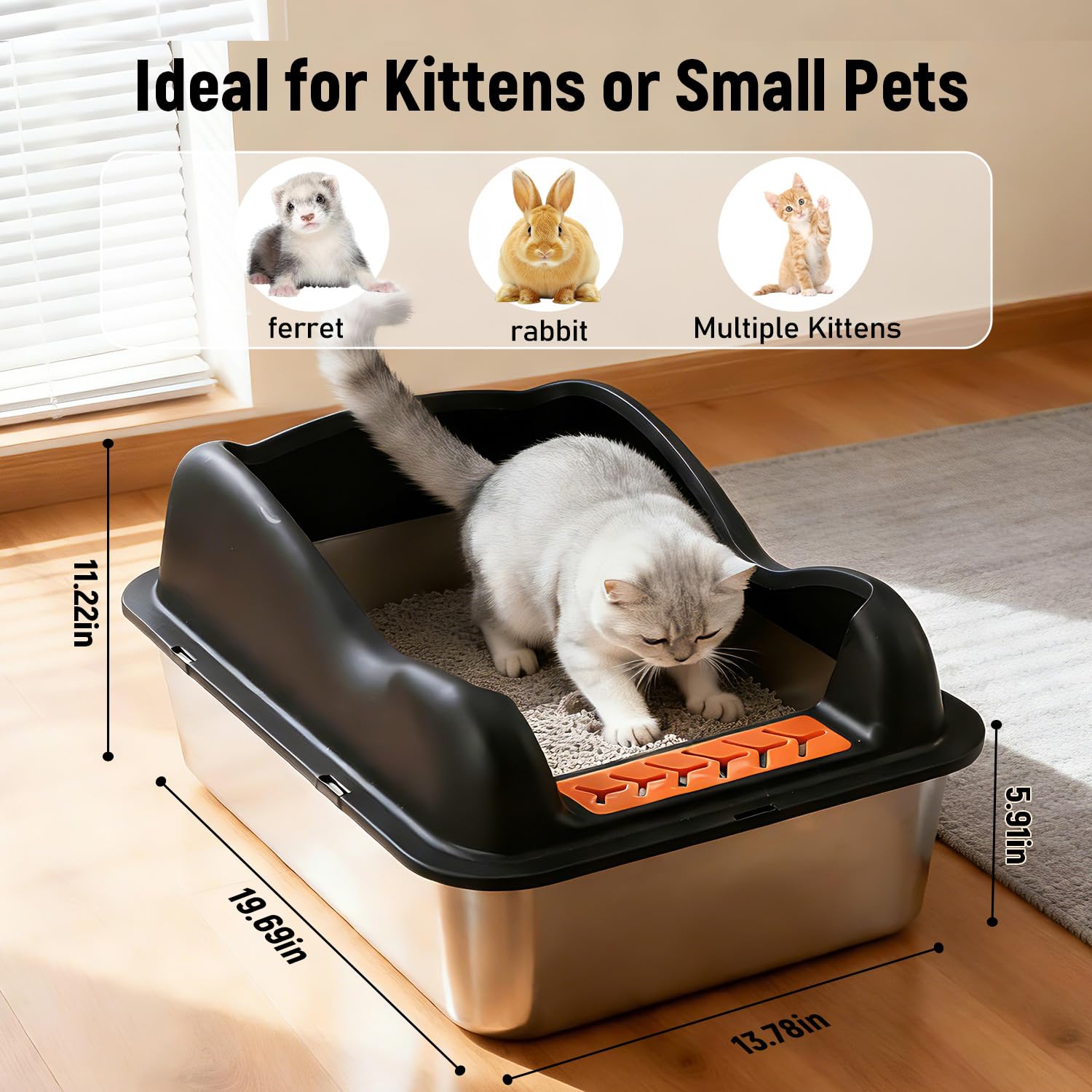 Bac Litière pour Chat en INOX, Maison de Toilette Chat avec Pelle et Tapis Litière, Bord Haut, Anti-Fuite, Amovibles, Facile à Nettoyer, pour Chats Adultes, Chatons, Lapins
