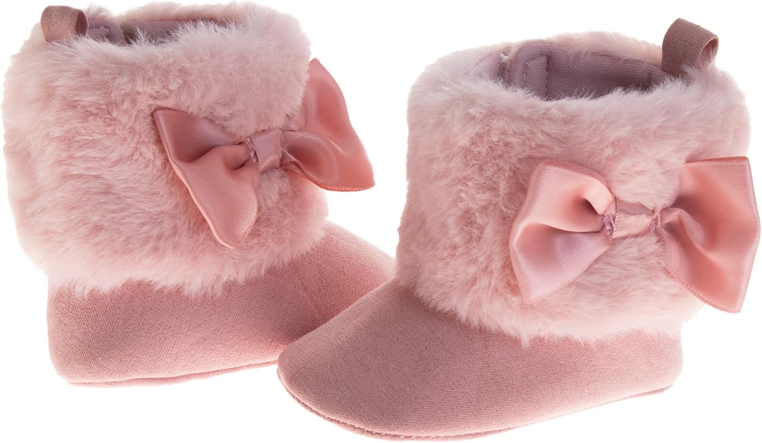 Josmo Infant Girls Booties Faux Fur Baby Shoes with Bow and Pom Poms, Soft and Warm Crib Boots for Newborns (Size 2-4 Infant)