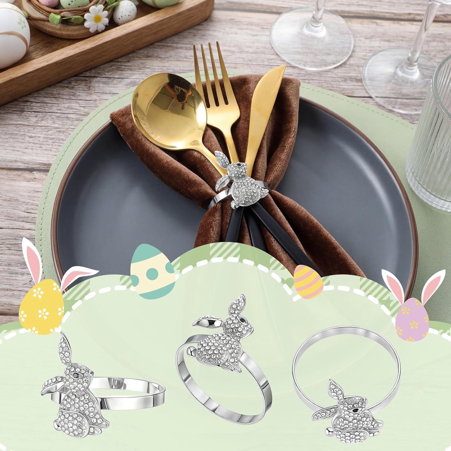 Remerry Easter Napkin Rings Set of 12 Silver Rabbit Bunny Metal Rhinestone Glitter Napkin Ring Holder Buckles for Easter Wedding Banquet Dinner Party Table Decoration