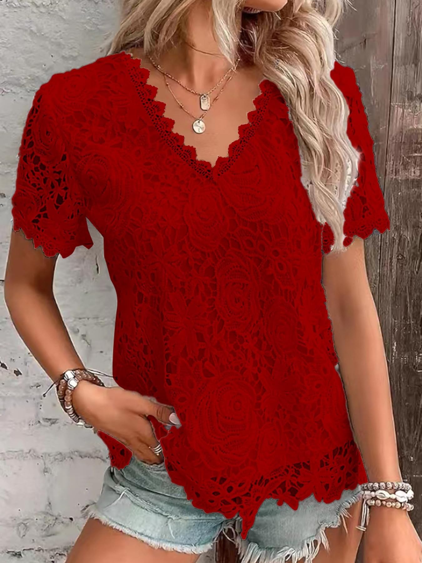 Top Estivi da Donna Camicie da Lavoro Eleganti a Maniche Corte con Ricami in Pizzo all'Uncinetto T-Shirt Eleganti(Red,XL)
