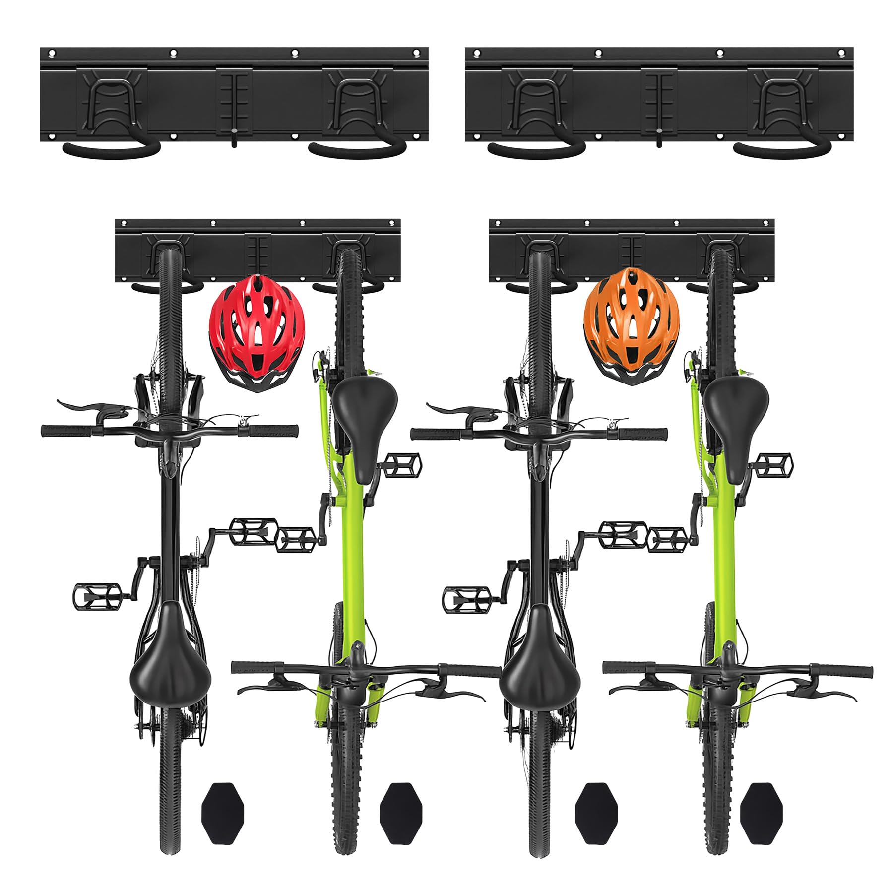 VOUNOT® Bike Wall Mounted Rack for 4 Bikes & 2 Helmets, Heavy-Duty Bike Hooks with 4 Anti-Stain Silicone Pads, for Garage, Home, Black