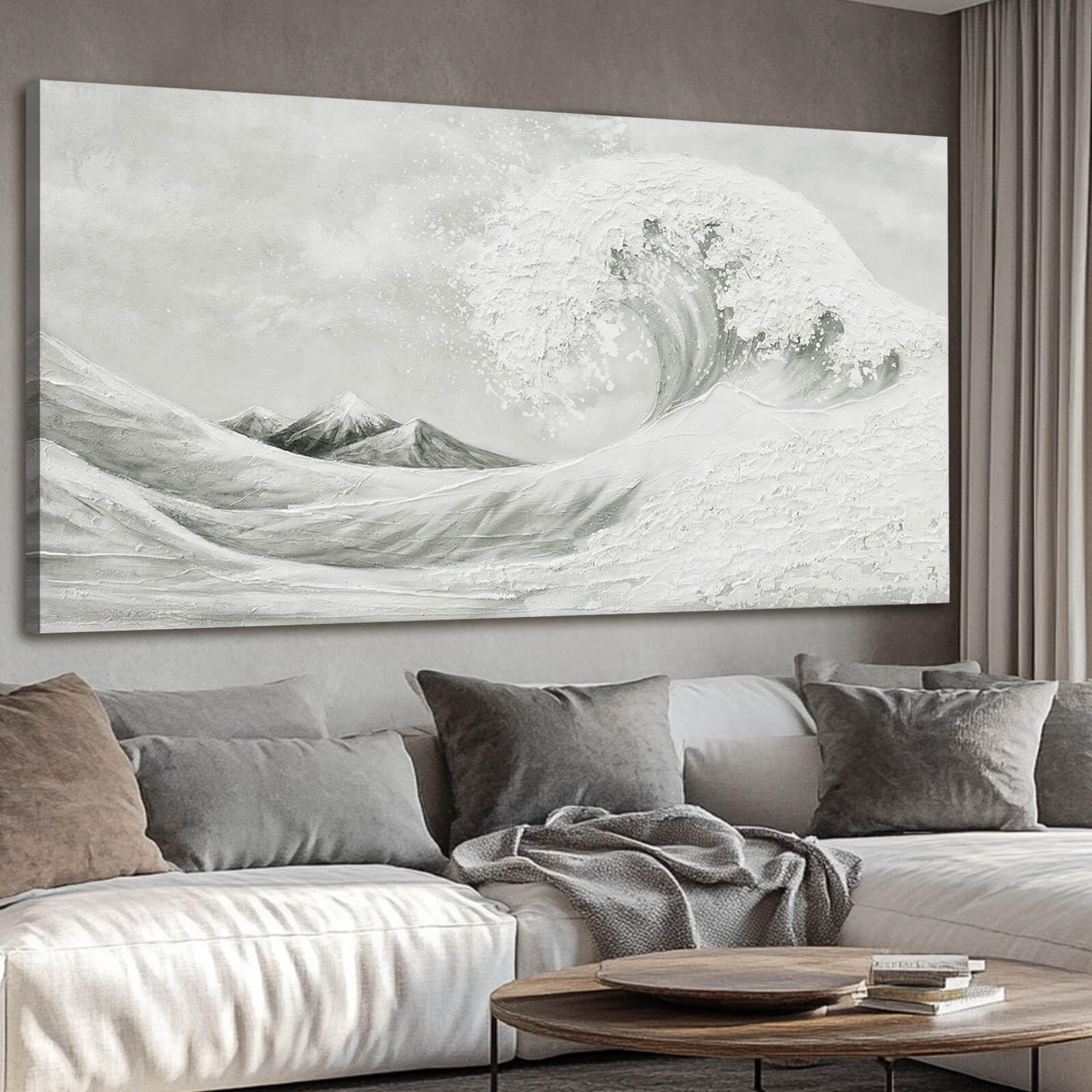 Photo 1 of YETHEN WAL Textured Grey Wave Wall Art – Extra Large 3D Coastal Canvas, Neutral Minimalist Seascape for Living Room Bedroom, Hand-Painted Details, 29×58 Inch