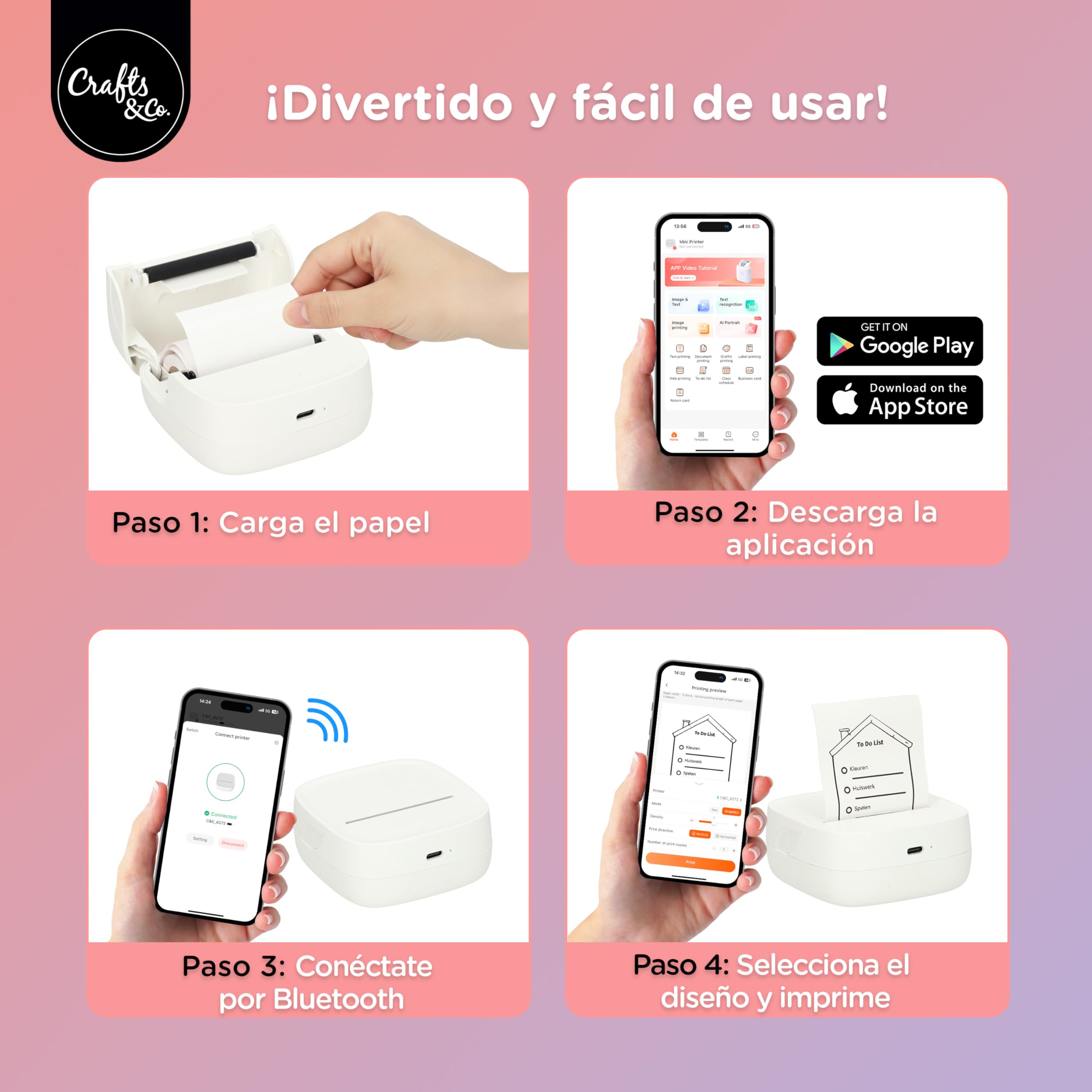 Crafts&Co Mini Pocket Impresora | Impresora fotográfica portátil Bluetooth para smartphone pegatinas y notas | impresora térmica sin tinta | tamaño 8 x 8 x 3 cm blanco
