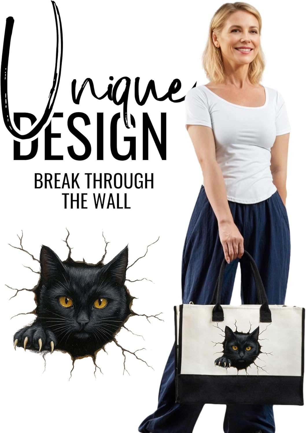 InnoBeta Black Cat Gifts for Women, black cat gift, black cat bag, Canvas Tote Bag with Top Zipper Closure and Shoulder Strap for Birthday, Mother's Day, Christmas - Image 2