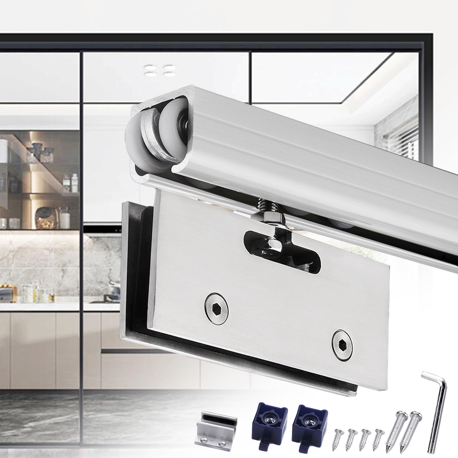 Kit Puerta Corredera Kit de Herrajes para Puertas Corredizas de Vidrio para Patio, Juego de Herrajes para Rieles de Puertas Corredizas de Vidrio, Sistema de Riel Superior para Puertas de Granero Moder