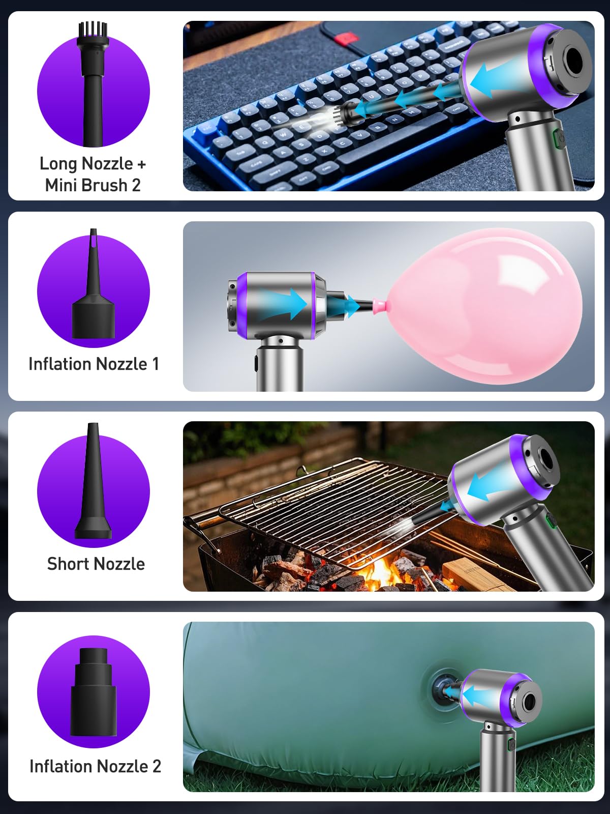 IYOFINE Vacuum/Air Duster 80,000RPM Super Power Mini Car Vacuum Cleaner 4-in-1 air Blower Gun Air Duster & Air Blower & Pump Hand Electric air Duster Handheld dust Blower Blower Cordless (Purple)