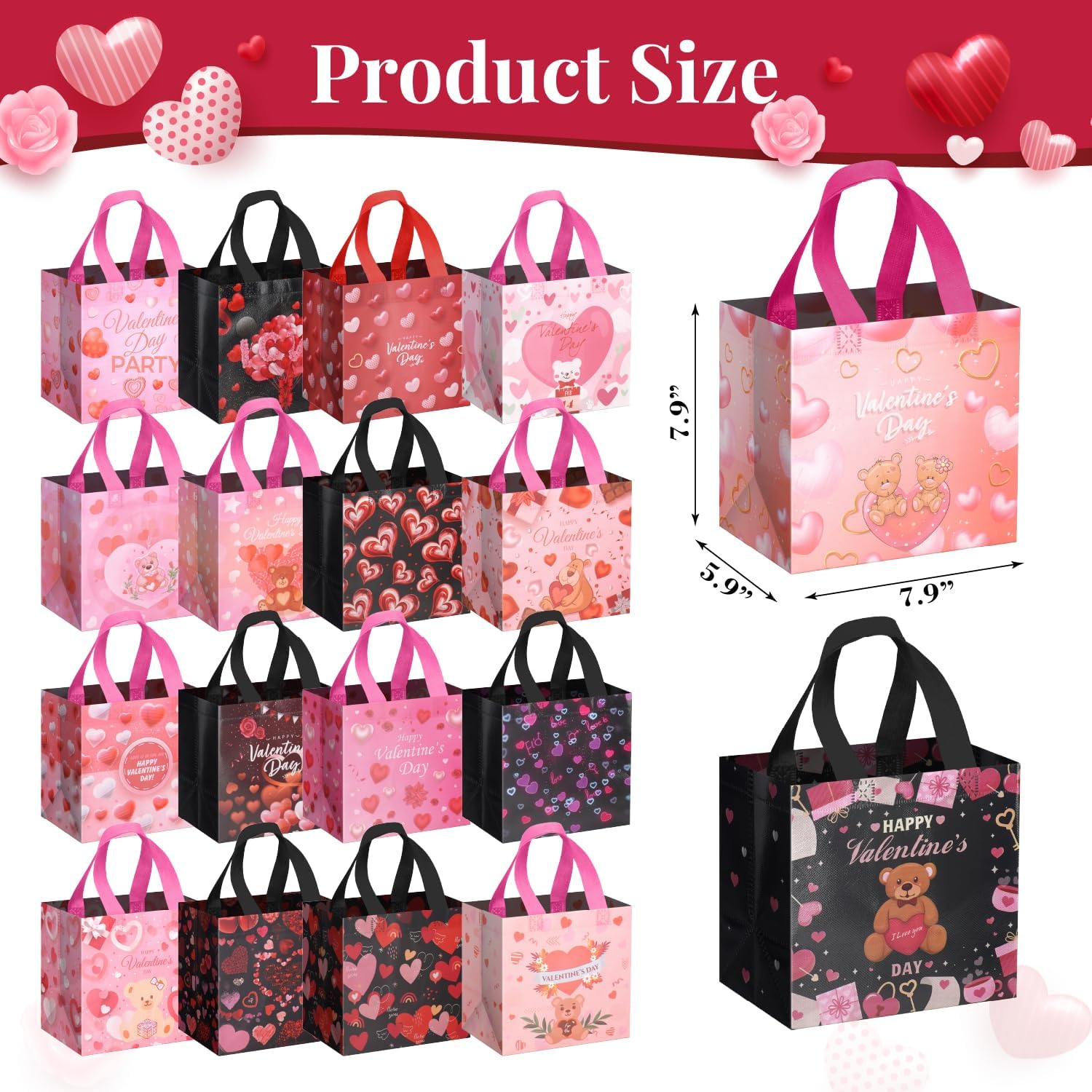 Jaywayang 18Pcs Happy Valentine's Day Reusable Gift Bags, Non-Woven Valentines Tote Bags with Handles for Classroom Gift Exchange, Kids Valentine Party Favor, Gift Wrapping. - Image 2
