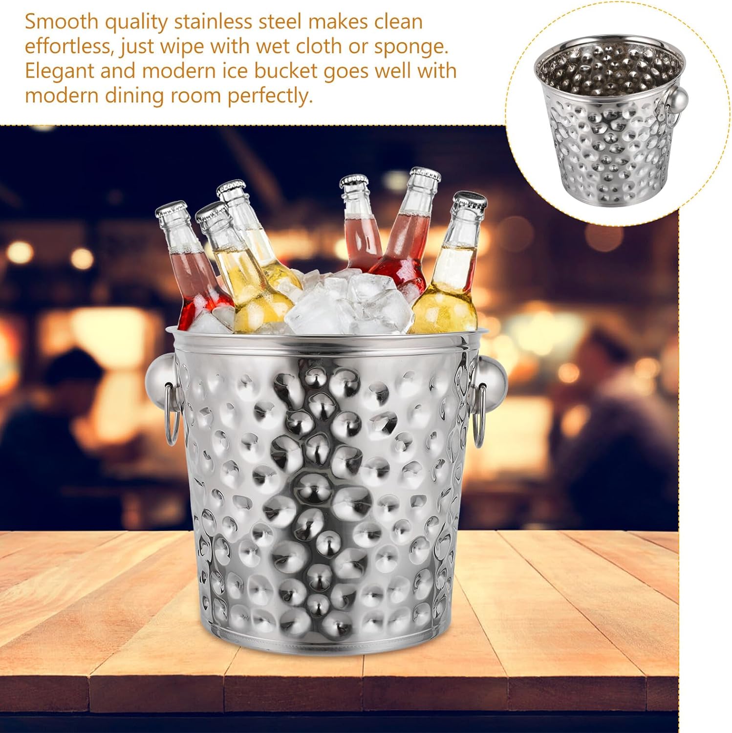 Uonlytech Bar Ice Bucket and Ice Cube Bucket 11l Stainless Steel Thickened Hammered Finish for Home Bar and Party Chilling