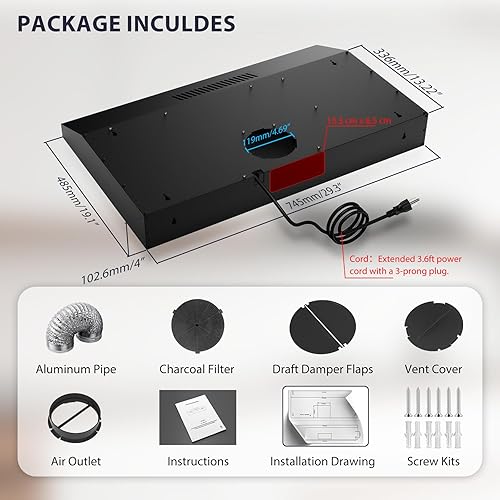 Miniatura 6 de Campana extractora de 30 pulgadas para debajo del gabinete, extractor de cocina convertible sin conductosconductos, ventilación de estufa ultra