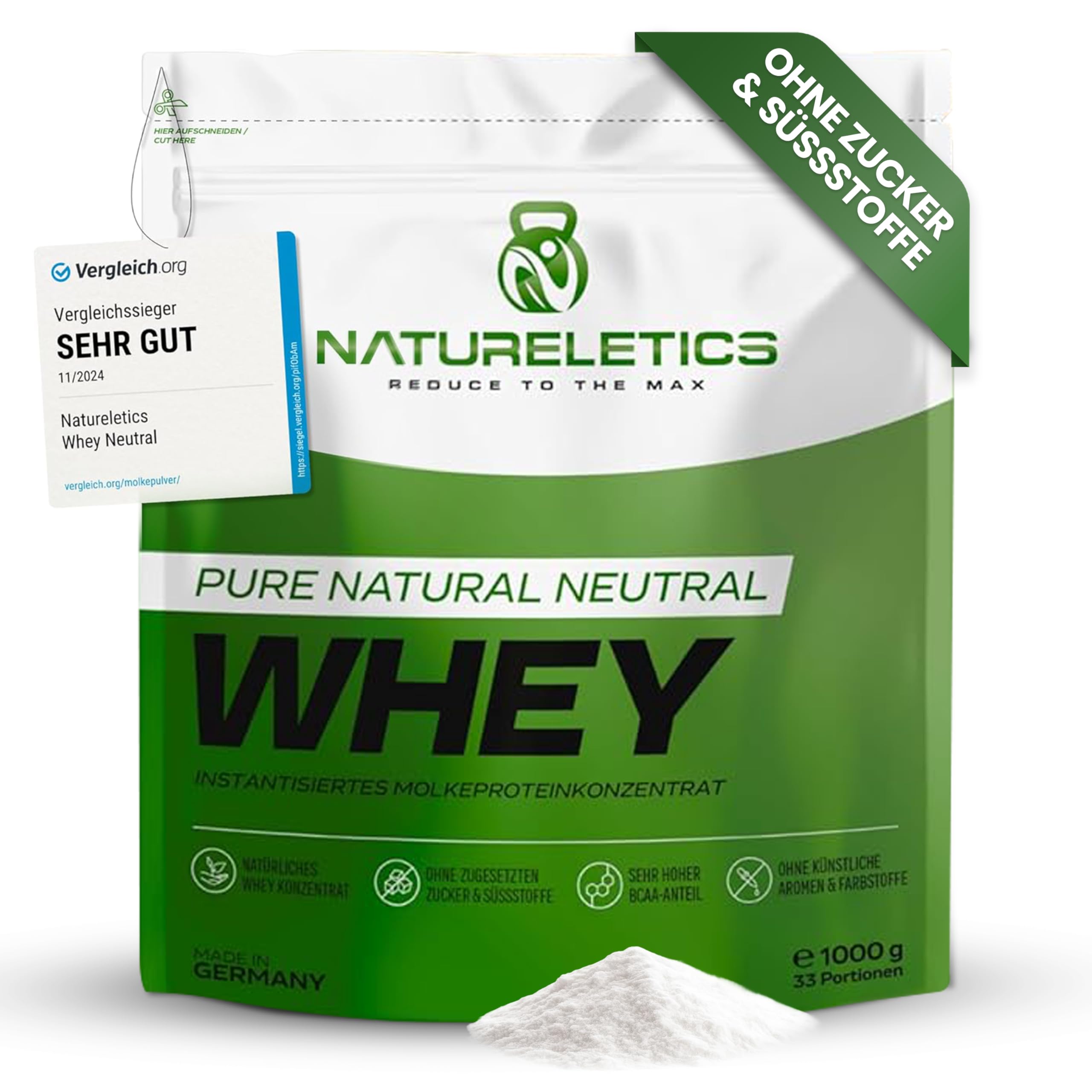 NATURELETICS NEUTRAL Whey Protein Ungesüßt ohne Süßstoffe und Zuckerzusatz Natürliches Premium Eiweißpulver, 1kg ohne Aspartam & Sucralose, Low Carb, Hoher BCAA-Anteil, Made in Germany