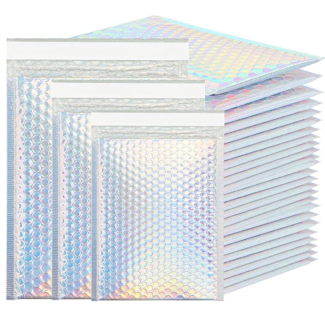 50 buste metalliche a bolle d'aria, olografiche glamour con chiusura autoadesiva, buste imbottite con fodera a bolle per telefoni, gioielli, strumenti per il trucco