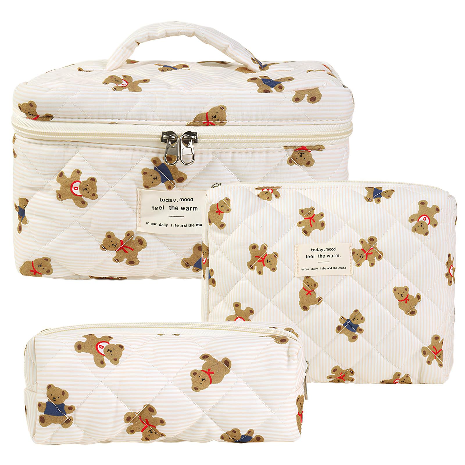 3 Pezzi Floreale Grande Capacità per Il Trucco, Set Make Up Bag, Borsa da Toilette Trapuntata, Borsa Cosmetica Estetica Floreale, Borsa per Il Trucco Trapuntata, per Donne e Ragazze(Orso)