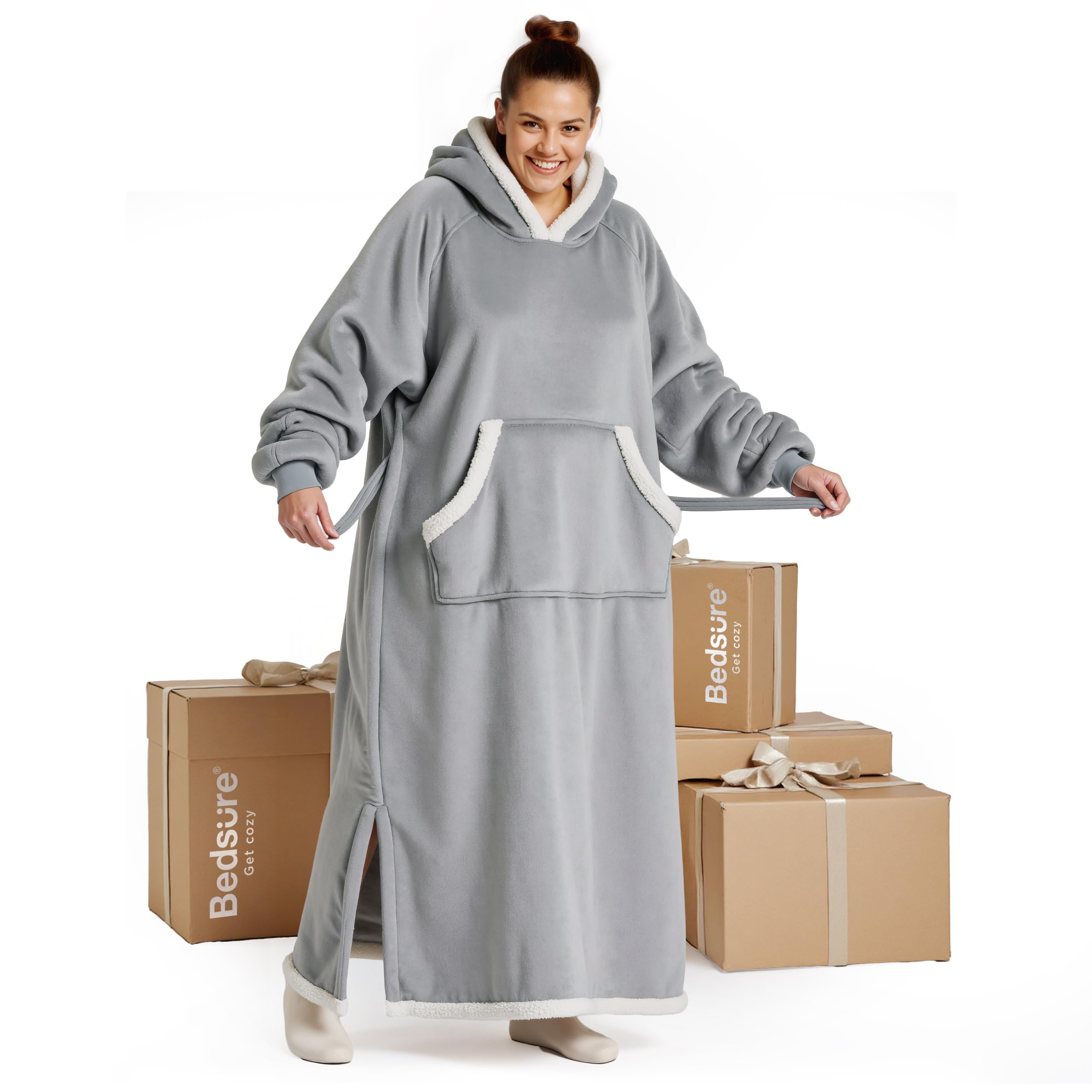 bedsure wearable blanket hoodie long hooded blanket sweatshirt as christmas birthday gifts for women cozy sherpa hoodie for adult standard grey