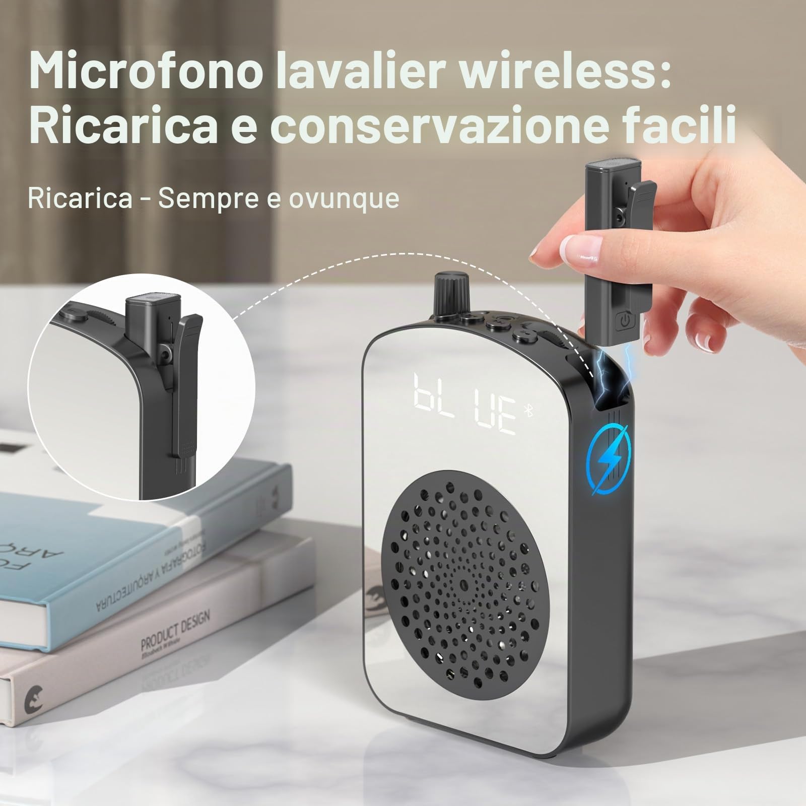 Amplificatore Vocale Wireless con Microfono Lavalier, Design Compatto con Ricarica e Custodia–Speaker Portatile per Insegnanti, Presentazioni,Allenamenti, Outdoor–Nero