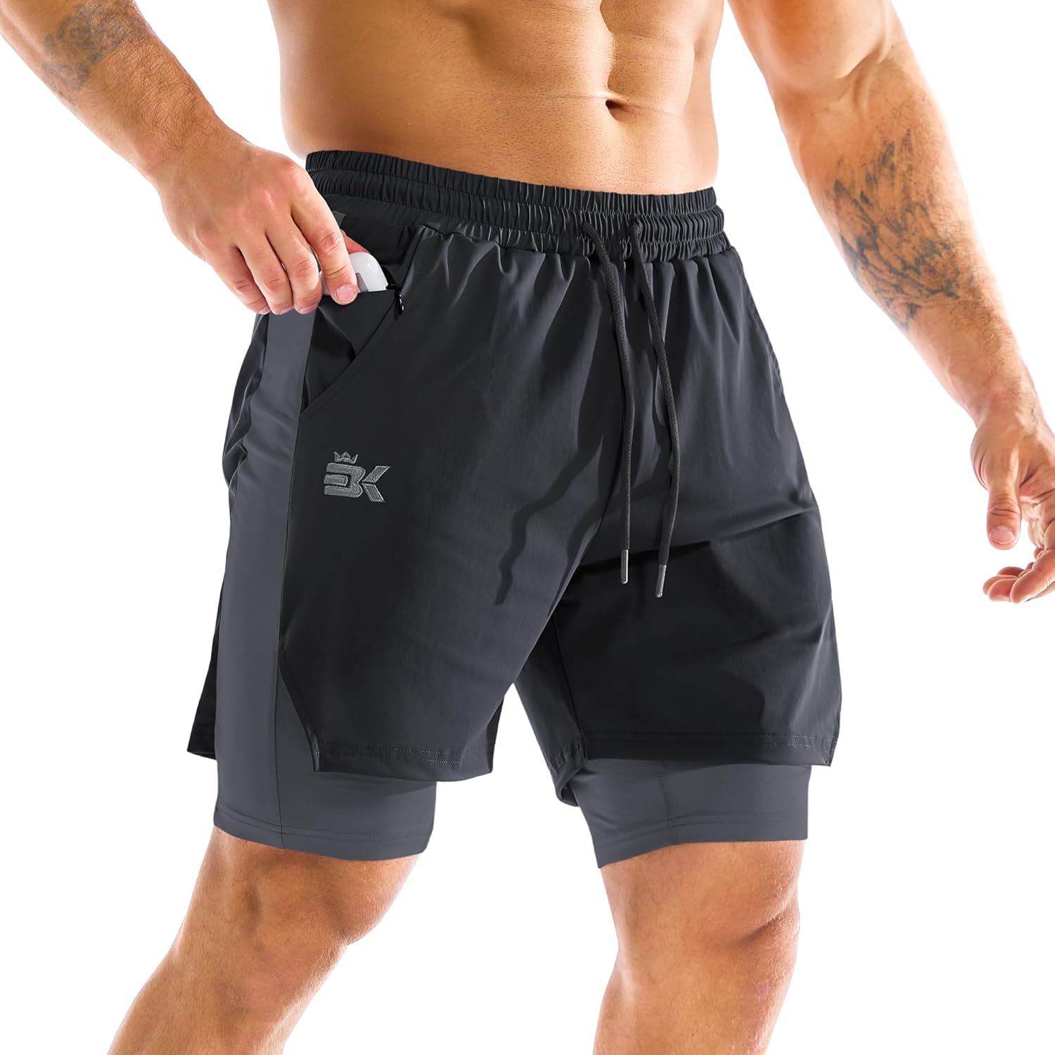 BROKIG Men's Dual-Layer Gym Shorts, Lightweight Quick Dry Running Bodybuilding 7'' Fitted Workout Short Lined-Zip Pocket