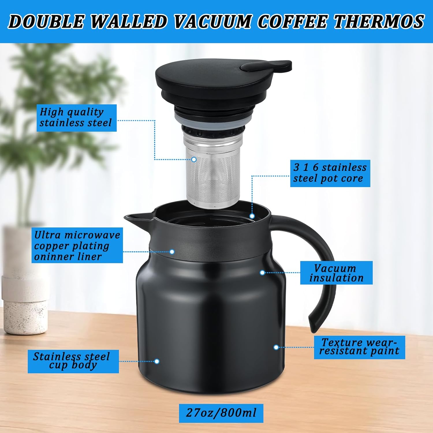 Small Thermal Coffee Carafe Stainless Steel Insulated Creamer Carafe Tea Pot 27Oz Insulation Pot (Black and Black, 800ML(27Oz))