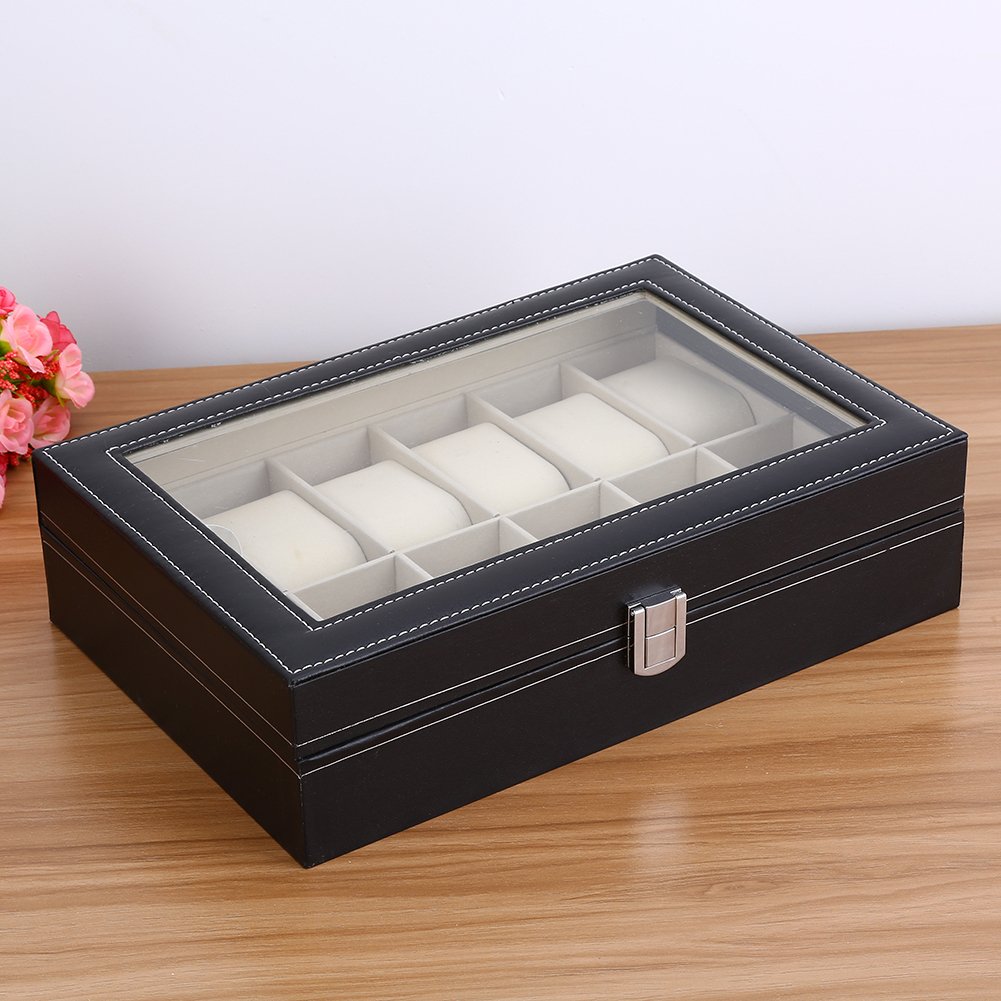 Caja para relojes con tapa, estuche para 12 relojes, estuche para relojes de piel sintética para hombre – negro, 30,2 x 12,2 x 8 cm