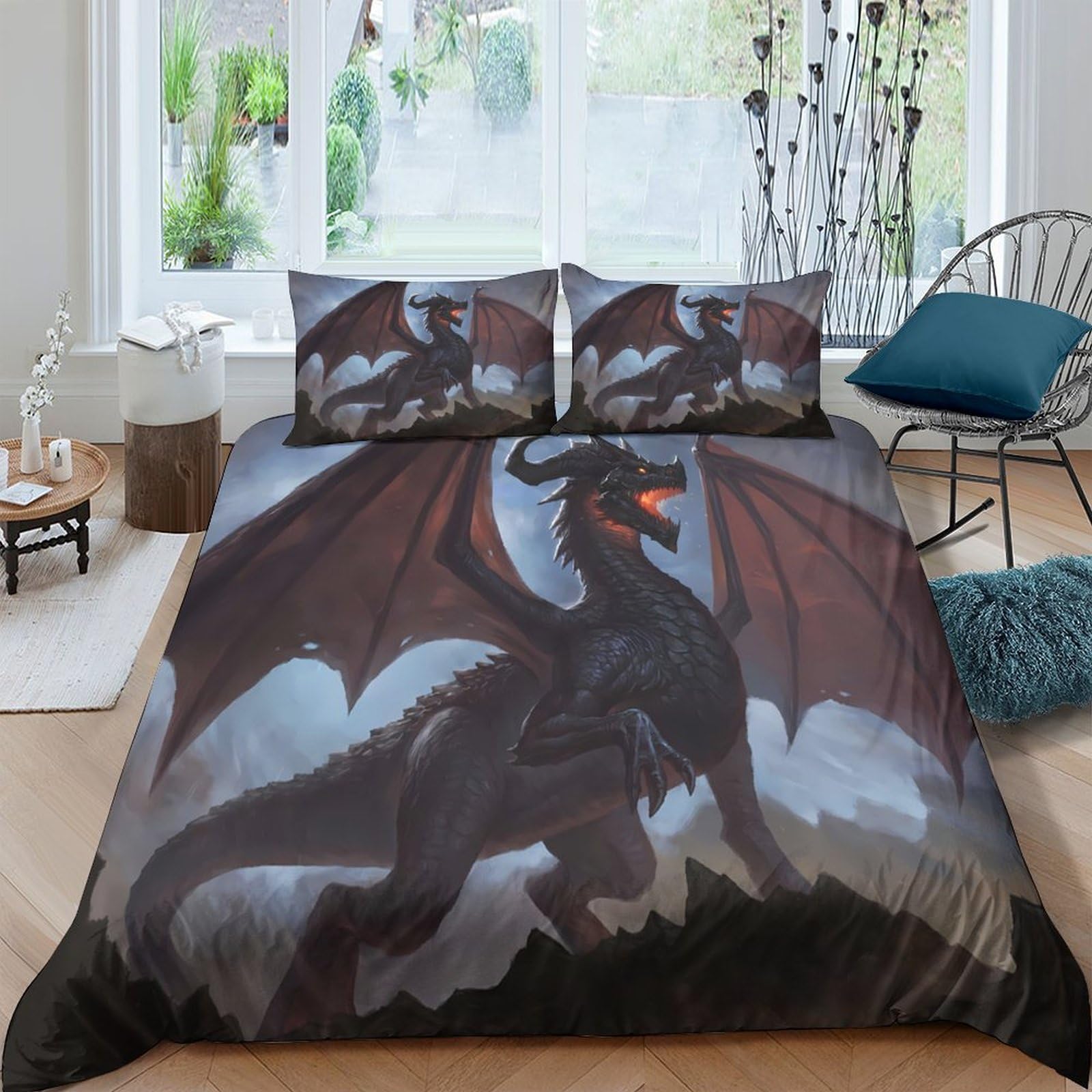 Ctjqhvkz Style-4 3D Printed Black Dragon Fitted Sheet Microfiber Soft Breathable Fantasy Fire Mattress Cover For Bedroom Dorm Decor Single（135X200cm）