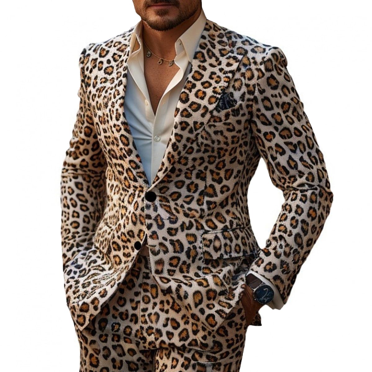Mens 2 Piece Suit Floral Leopard Flame Print Coat Pants Two Buttons Casual Nightclub Fashion Slim Fit Men Suit No Slit No Tie