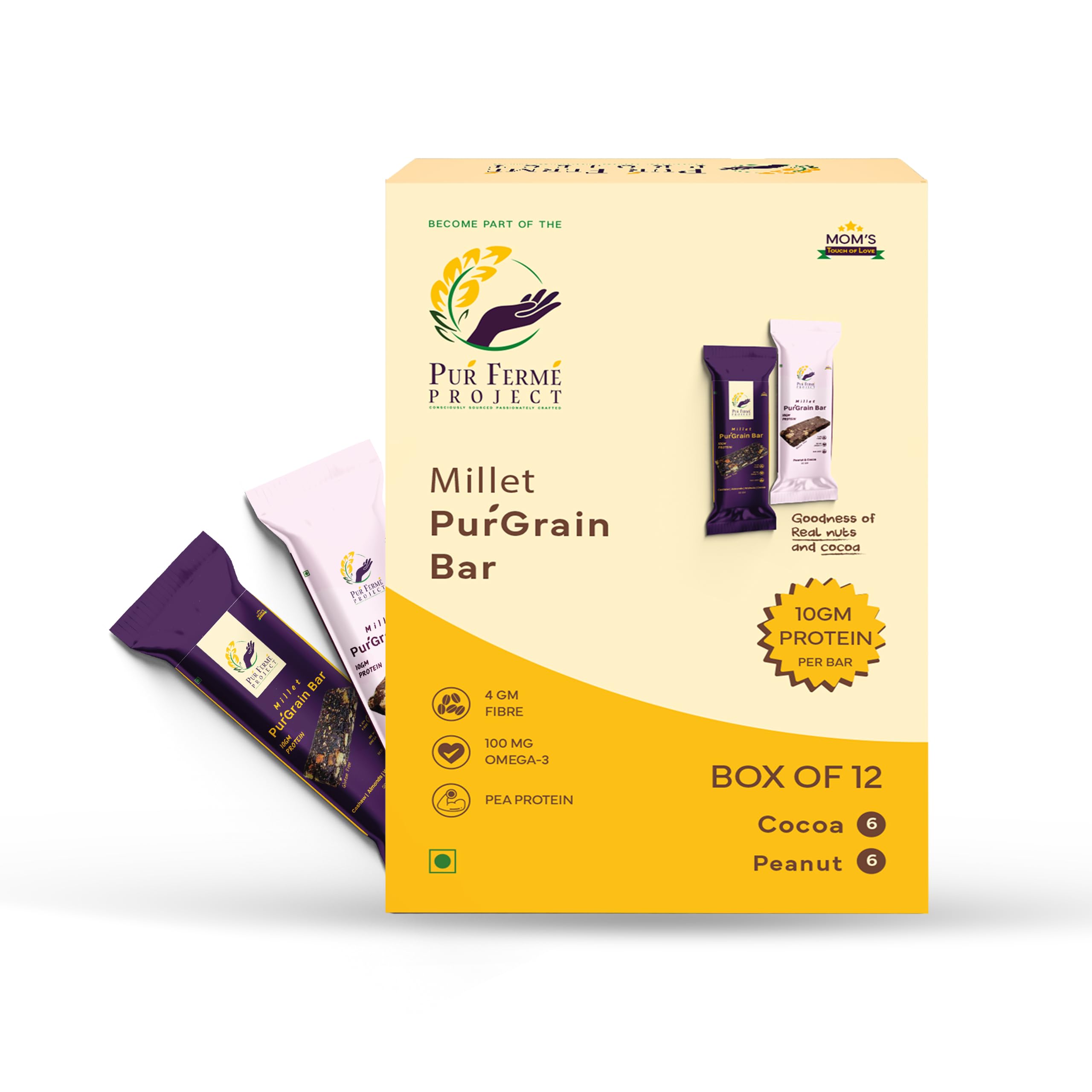 Purferme Millet Purgrain Protein Bar | 10g Protein, 4g Fiber, Omega-3 Rich | Desi Ghee, Nuts & Cocoa | No Palm Oil, No Refined Sugar | Box of 10 (Saver Pack)-image-30