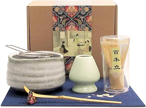 Artcome Juego de té Matcha japonés, batidor Matcha, cuchara tradicional, tazón Matcha, soporte de batidor de cerámica, kit de ceremonia Matcha hecho