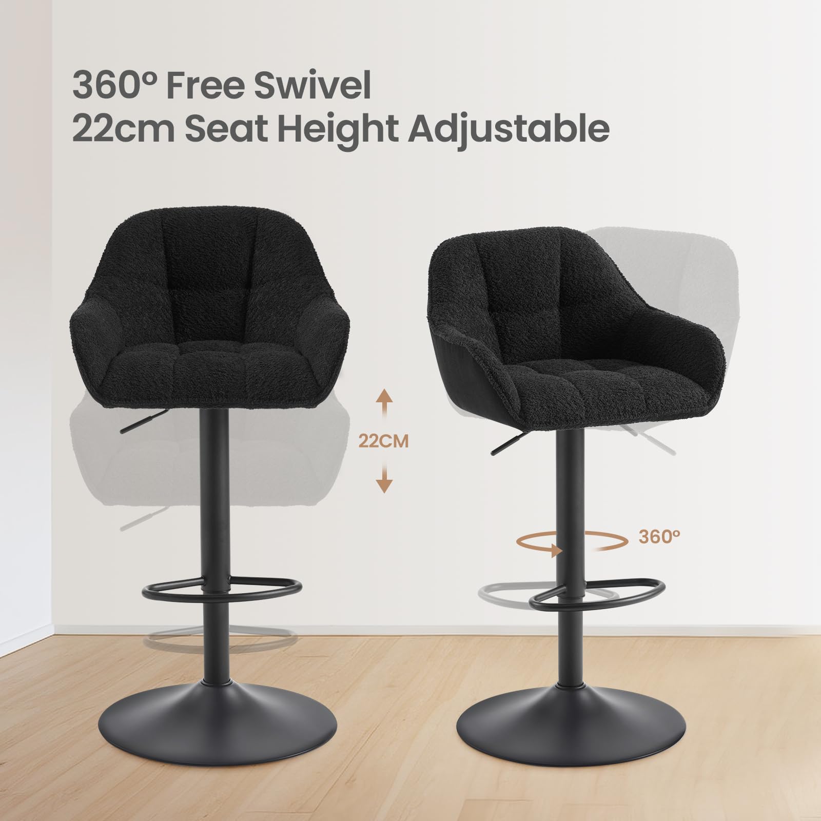 WOLTU Tabouret de Bar, Lot de 2, Chaise de Bar, Réglable en Hauteur, Siège Rembourré Pivotant, avec Dossier, Repose-Pieds, Chenille+Velours Côtelé, Noir, BH400sz-2