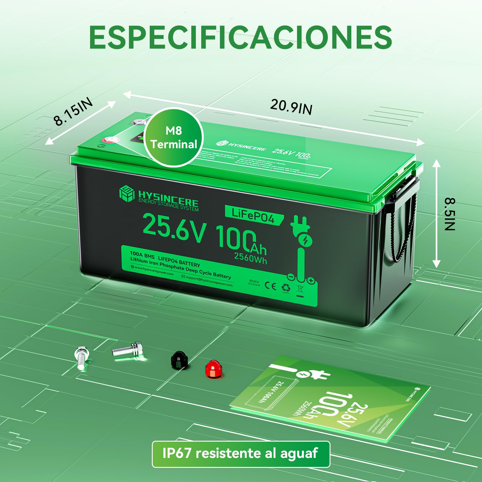 Batería de litio LiFePO4 100Ah 24V con LED, de larga duración (más de 4000 ciclos), 2560Wh, con protección BMS — para autocaravanas, embarcaciones, camping y sistemas solares.