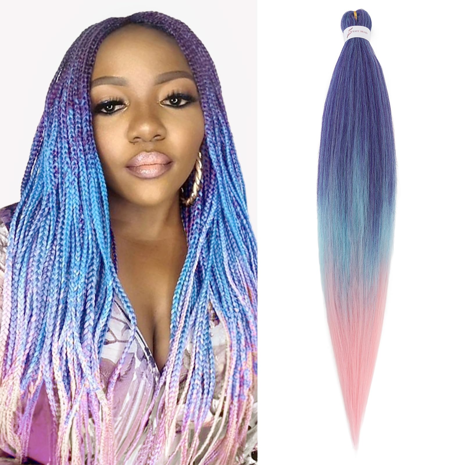 Silk-co Braiding Hair Extension Pre Stretched Professional Easy Braiding Hot Water Setting Yaki Synthetic 26 inch 90g Dark Blue&Blue&Pink