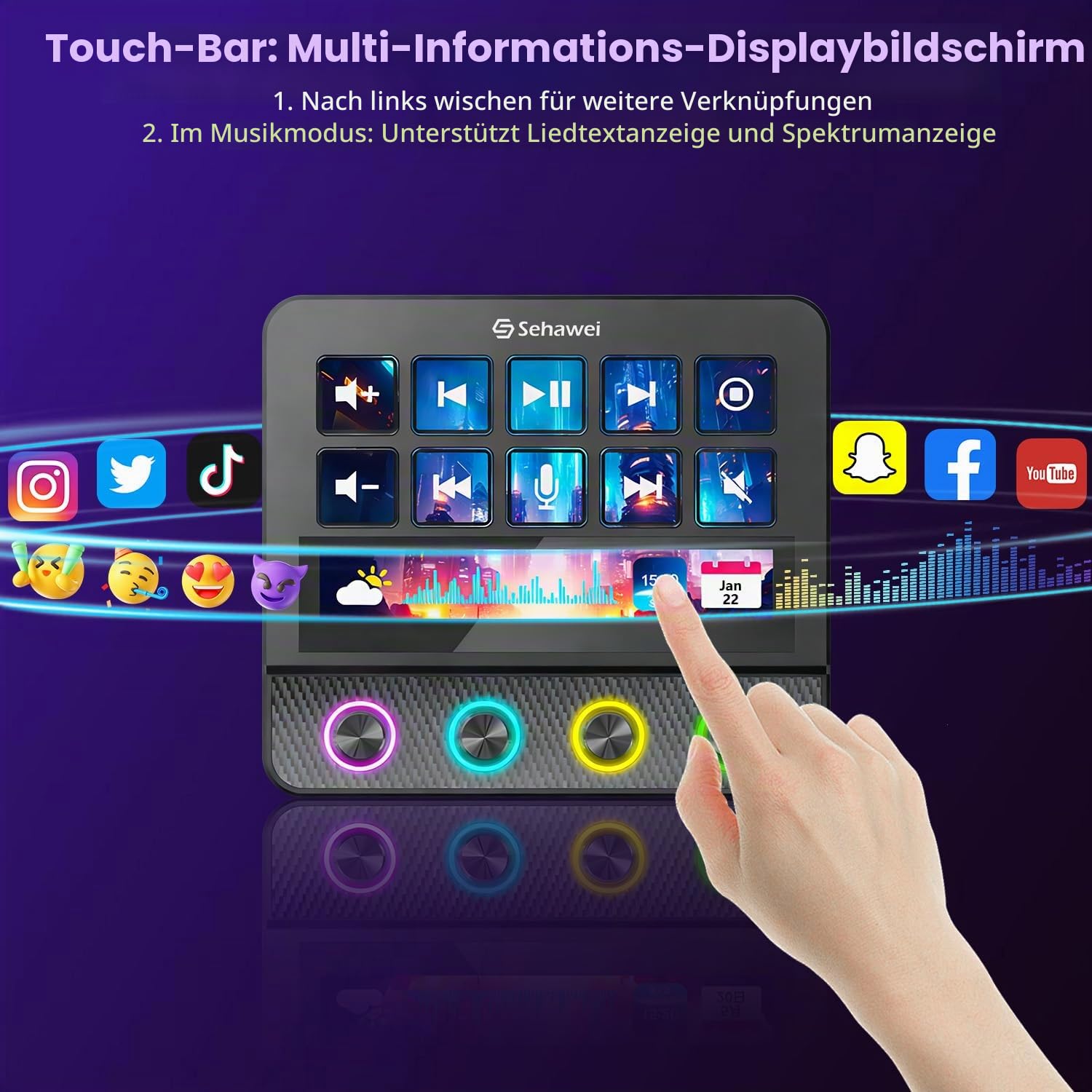 Sehawei Stream Controller Deck,Upgraded Audiomixer für Mac und PC | Live Produktion und Studio-Controller,für Content Creators, Gaming, mit anpassbarer Touch-Leiste, Drehreglern und LCD-Tasten