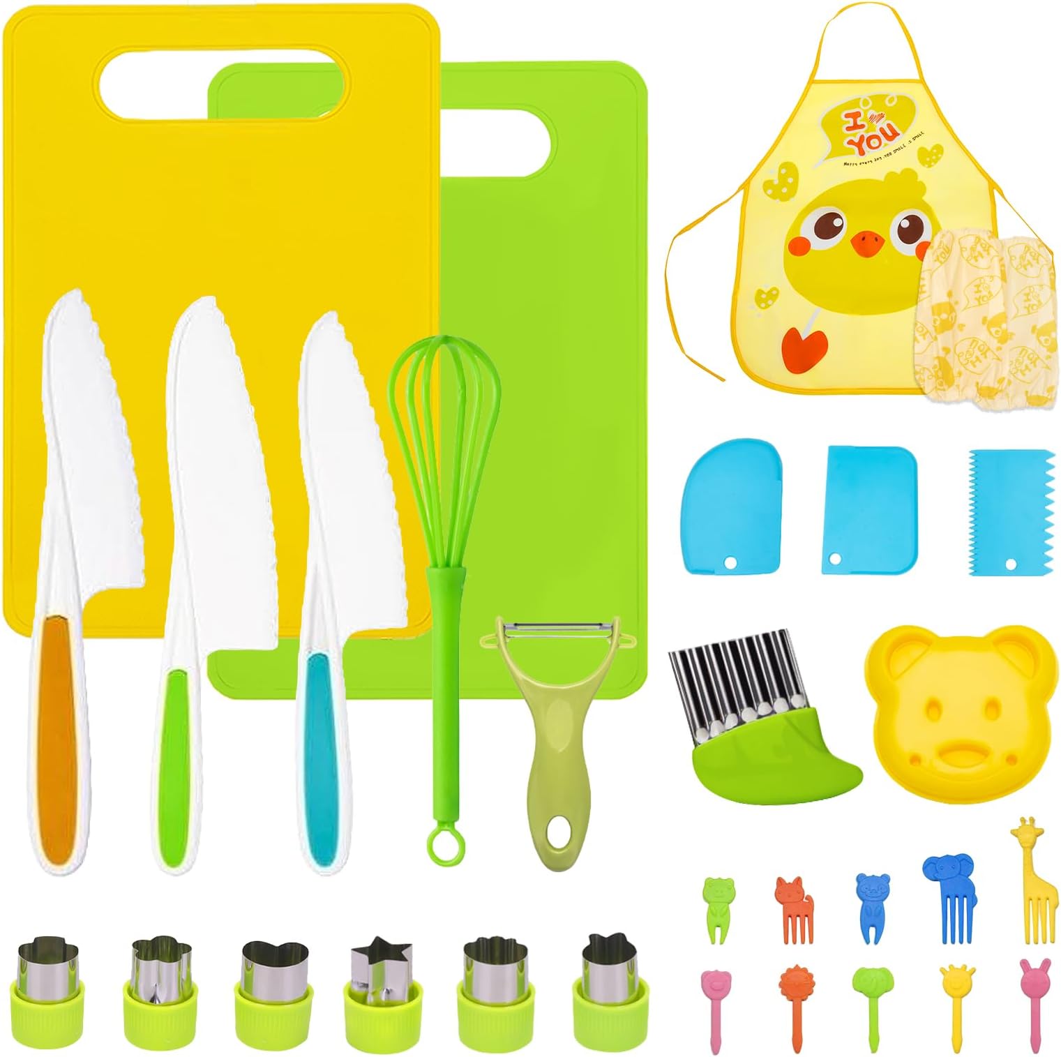 31pcs Kids Knife Set for Real Cooking, Toddler Knife Set, Montessori Kids Kitchen Knife Set with Cutting Board Crinkle Cutters Kid Safe Knives,3 4 5 6 7 8 9 10 Year Old Boys Girls Birthday Christmas