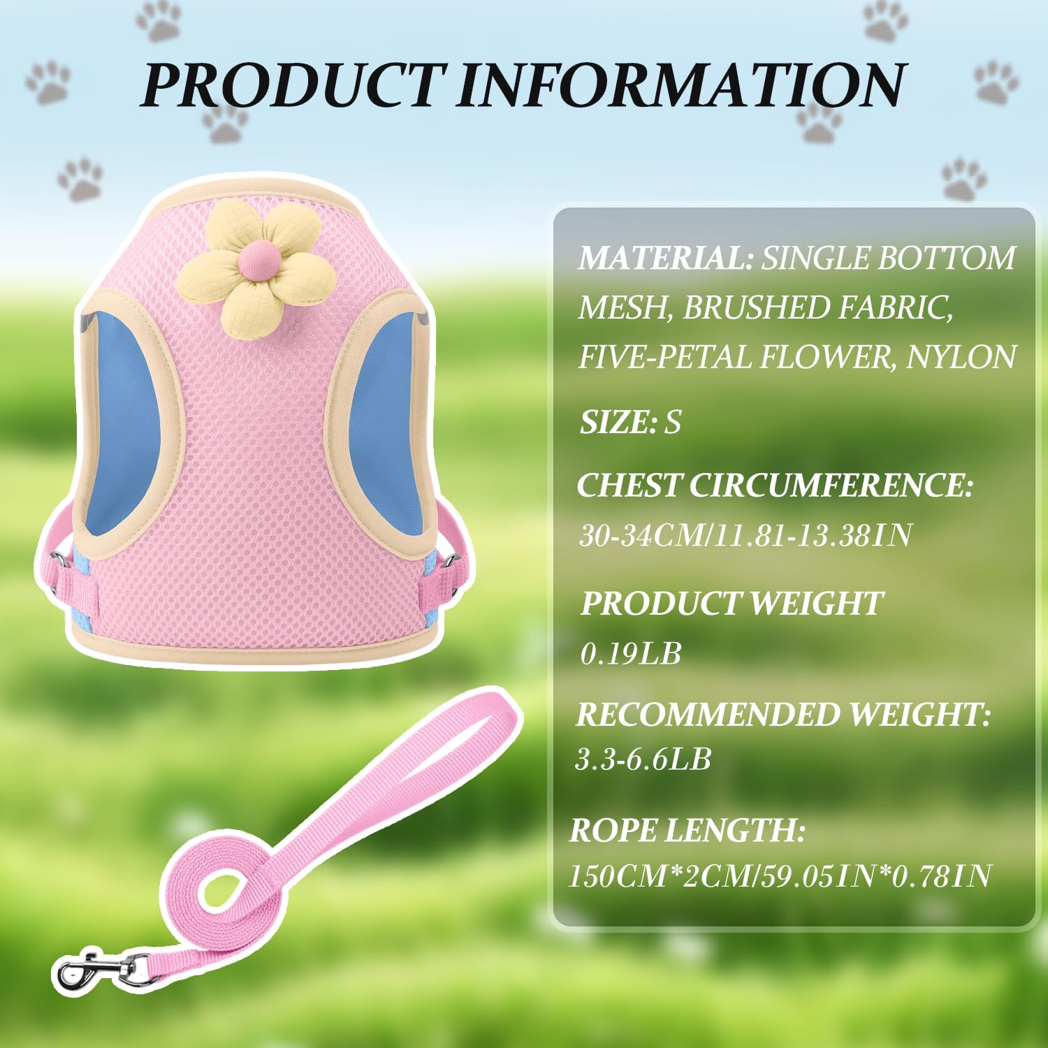 Szelki Dla Psa Motiback Strawberry Milkshake Floral Vest, OddychająCe Szelki Na Klatkę Piersiową Dla MałYch PsóW I KotóW Z Odblaskowymi Paskami I Smyczą, RóżOwe Z żółTym Kwiatkiem, Rozmiar S