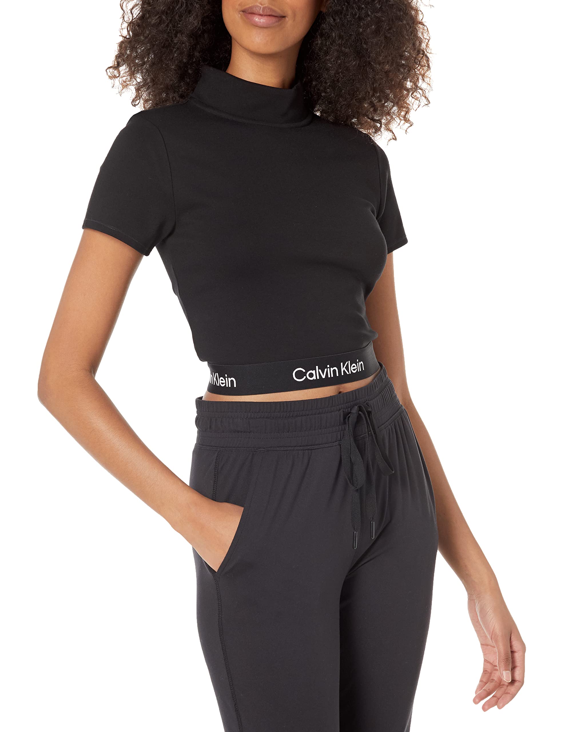 Calvin Klein Women's Mock Neck Ponte Short Sleeve Fitted Crop Top