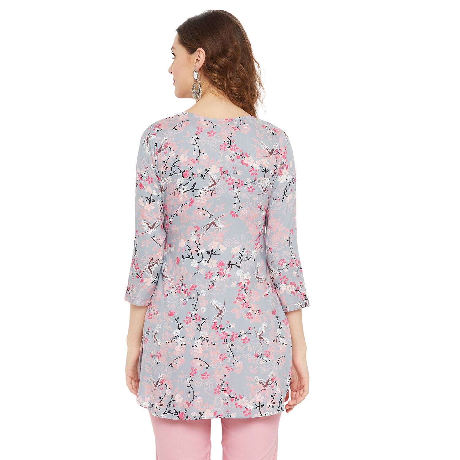 Tissu Women's Grey & Pink Floral Printed Straight Kurti (Blue_Xxl)