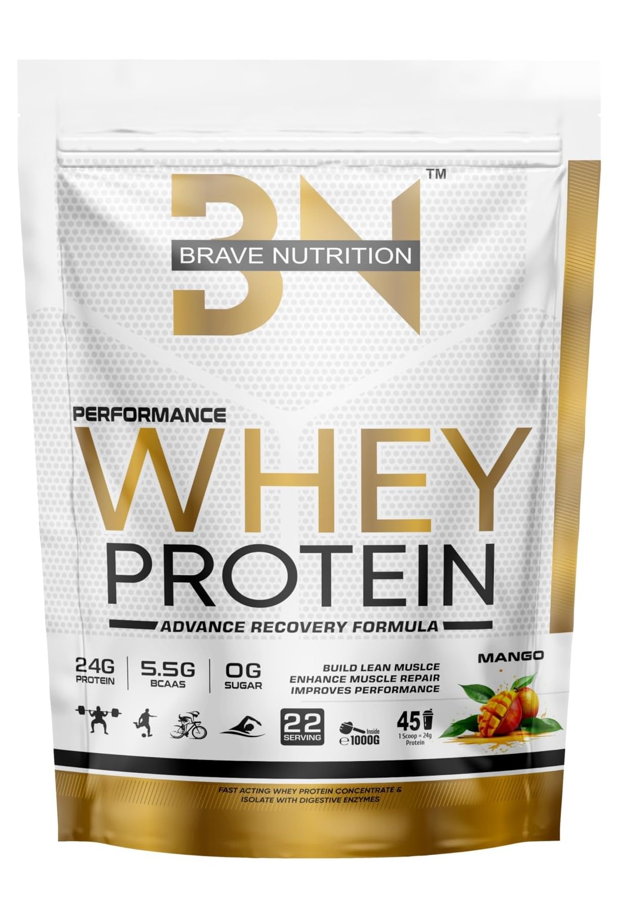 Brave Nutrition Performance Whey Protein Isolate Blend - 24g Protein, 5.5g BCAA | Lean Protein Powder for Muscle Gain, Strength, Muscle Recovery | Sports Nutrition | Muscle Builder Whey Concentrate Protein Powder | Easy Digestion [1Kg, Mango] (B0D4VC933V) Amazon Price History, Amazon Price Tracker