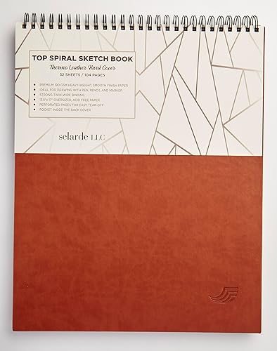 Miniatura 1 de Selarde Top Cuaderno de bocetos en espiral, tapa dura de cuero térmico, marrón, 72 hojas144 páginas, tamaño de papel de 13.5 x 17 pulgadas, papel
