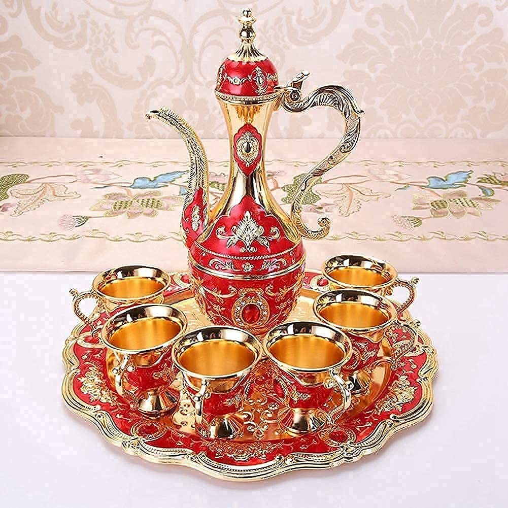 Set di Caffettiere Turche Vintage Set da tè Turco Europeo Creativo con Vassoio per Teiera E 6 Mini Tazze Set di Tazze da caffè,Regalo di Nozze di Artigianato Artistico (Rosso)