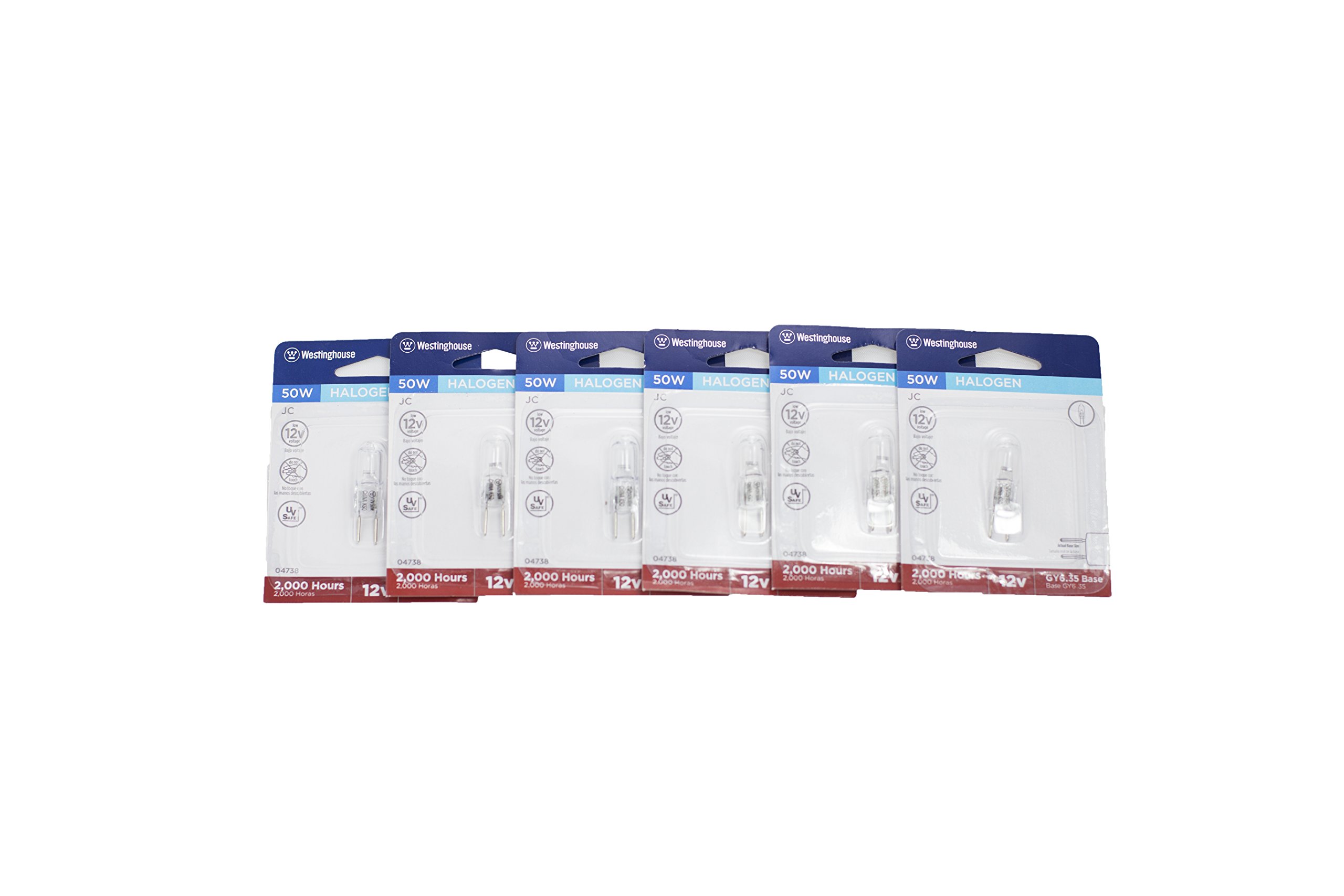 Six Westinghouse 50W Halogen Light Bulbs in individual packaging.